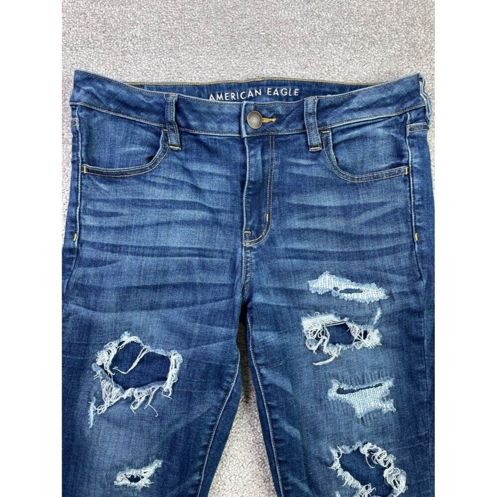 American Eagle Jegging Women’s 12 Blue Skinny Mid-Rise Dark Wash Distressed - Picture 2 of 14